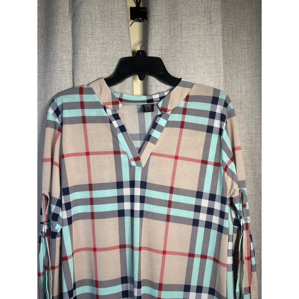 Lildy Split Sleeve Plaid Tunic Top Tan Mint Green V-Neck High Low Hem S-M